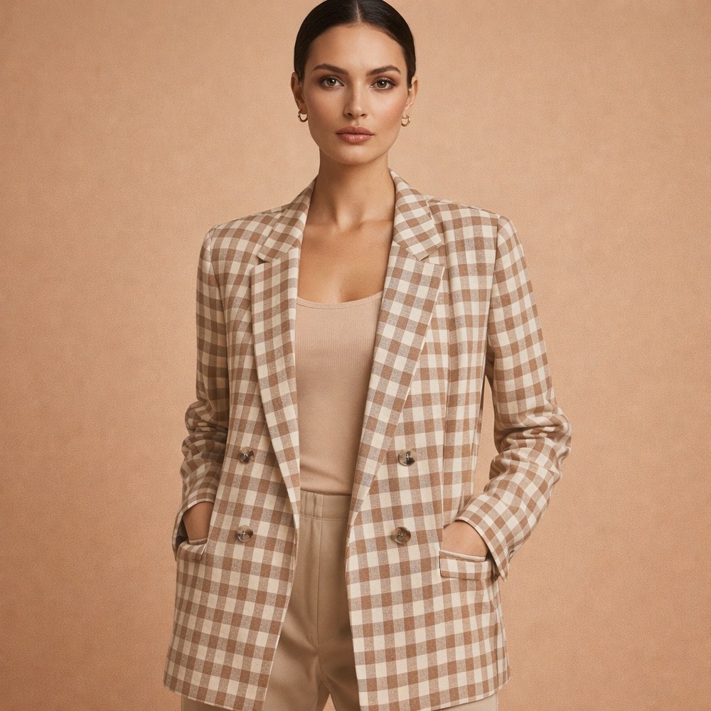 Nine West Plaid Double Breasted Blazer Size L Neutral Chic Jacket